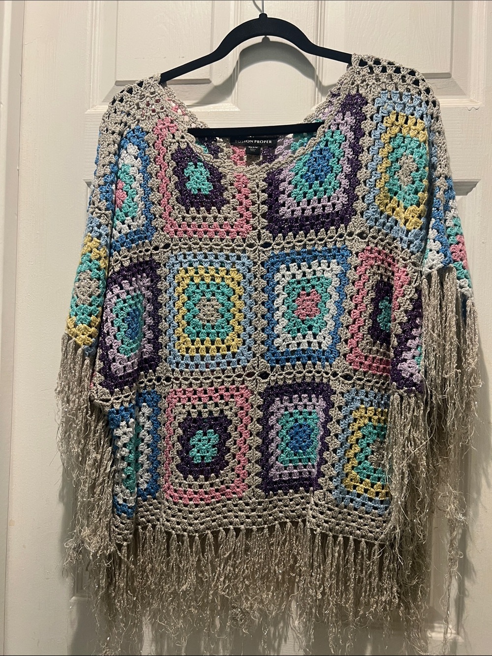 Boston Proper Multicolor Crochet Fringe Poncho - Beige Base with Pastel Squares